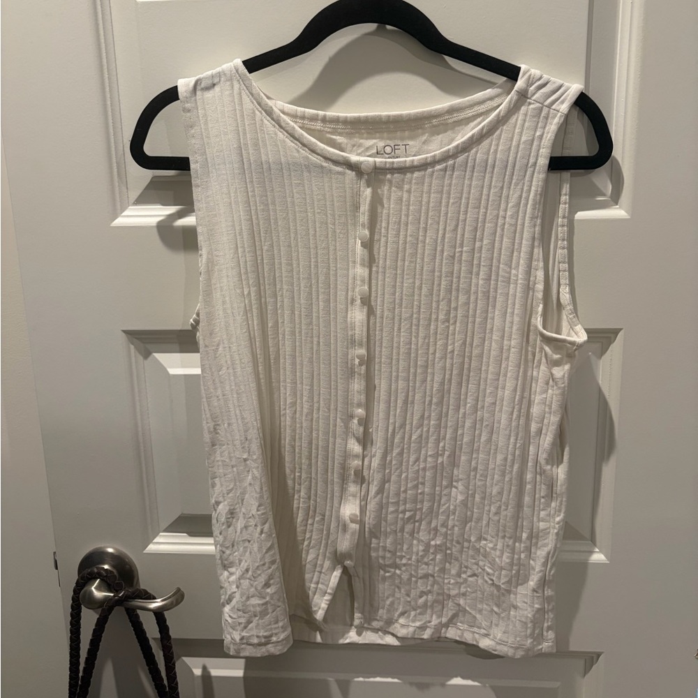 LOFT Cream Ribbed Sleeveless Button-Back Tank